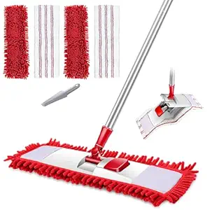 Microfiber Mop, Professional Flat Mop with 4Pcs Chenille Mop Pads, Floor Cleaning Dust Mop for Tile, Laminate, Hardwood, Ceramic, Marble Floor-Red and White,Send 1PC Cleaning Scraper