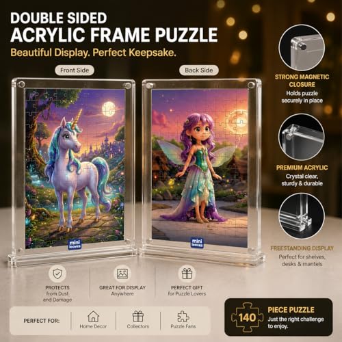 Image of Mini Leaves Unicorn & Angel Double Sided Acrylic Frame Jigsaw Puzzle 140 Pieces | Fantasy Desk Decor with UV Printed Frame | Premium Gift for Kids & Puzzle Lovers