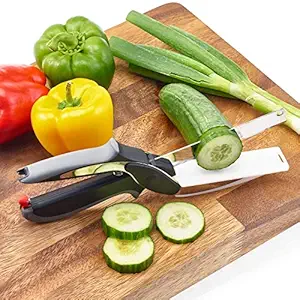 WSKART Steel Smart Clever Cutter Kitchen Knife Food Chopper and in Built Mini Chopping Board with Locking Hinge; with Spring Action; Stainless Steel Blade (Black) KA3125