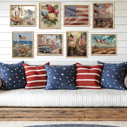 Image of Whaline 9 Pcs Patriotic Wall Art Prints Paper Posters American Flag Floral Oil Painting Pictures for 250th Anniversary 4th of July Independence Day Home Office Gallery Party Decor, Unframed