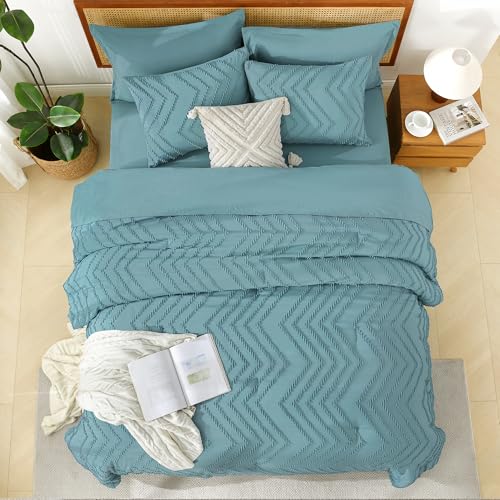 Image of Litanika Grayish Teal Full Size Comforter Set with Sheets - 7 Pieces Bed in a Bag Full Boho Tufted Complete Bedding Sets with Comforter, Sheets, Pillowcases & Shams
