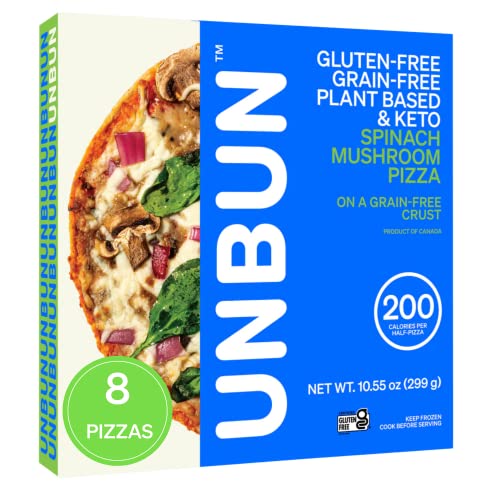 UNBUN Gluten Free, Grain Free, Plant Based and Keto Spinach Mushroom Thin Crust Pizza, 10.55 Ounce (Pack of 8), Mushrooms, Spinach and Onions on a Grain-Free Crust, 10g Net Carbs Per Serving, Low Calorie