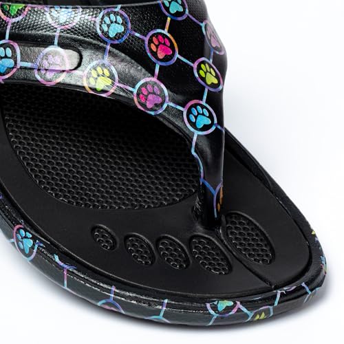 Image of GreaterGood Walking Paws Flip Flops Rainbow Colorful Lightweight Contoured Non Slip Textured Footbed Beach Sandals for Women