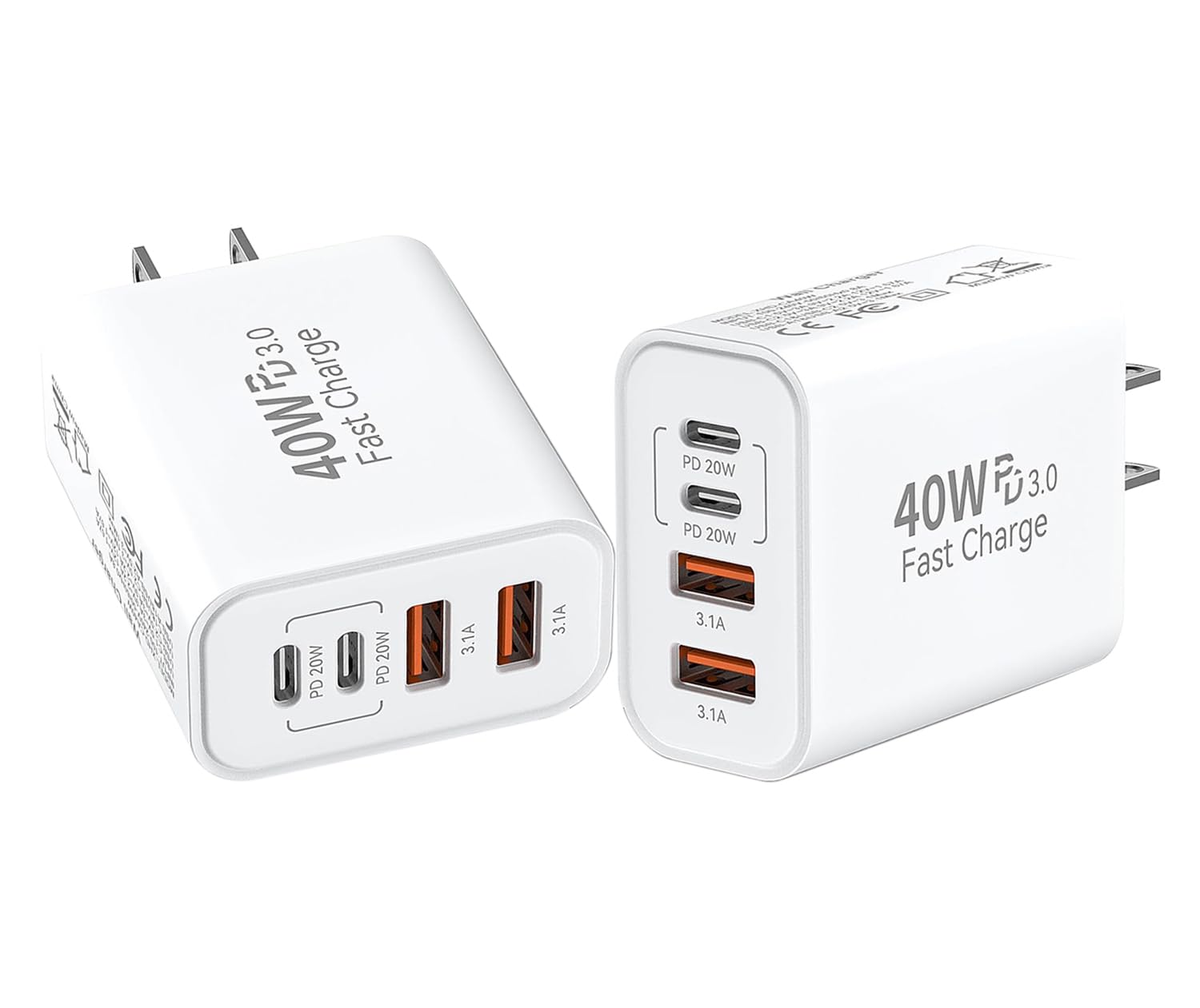 iPhone 17 16 USB C Fast Charger Block,USB C Charging Block 2-Pack 40W Type C 4in1 Multiport Fast Plug Wall Charger for iPhone 17 Pro Max/17 Air/17 Pro