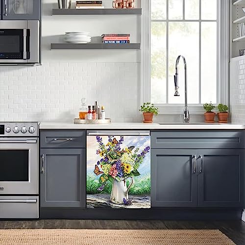 Oeme Flower Arrangement Dishwasher Magentic Cover, Spring Butterfly Self Adhesive Magnet Refrigerator Decal, Home Appliances Decorative Stickers Vinyl Decals 23Inch W X 26Inch H #TOP5