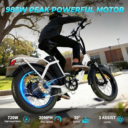 Image of WINDHORSE 20 inch Foldable Electric Bike, 983W Peak Motor, 20MPH, 40-70 Miles, 48V 748.8Wh Removable UL Battery, Front Suspension, Fat Tire E-Bike for Commuting, Beach, All -Terrain | Adults & Teens