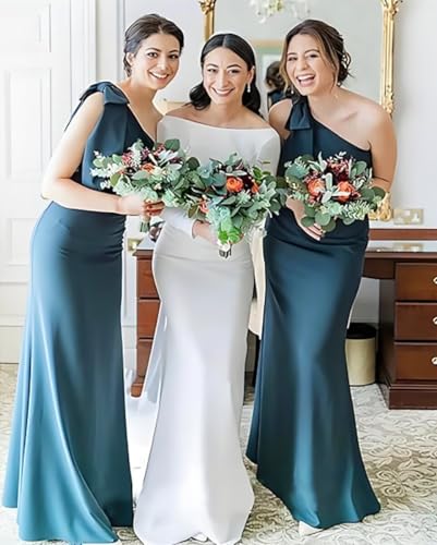 Image of Monvelli One Shoulder Mermaid Prom Dress with Bow 2026 Satin Long Back Split Bridesmaid Dresses Formal Evening Gowns