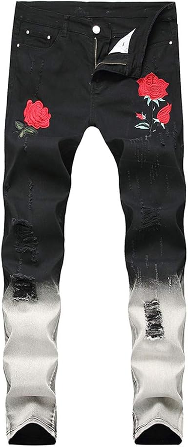 Jeans Strappati con Ricamo a Fiori Rosa Moda da Uomo Pantaloni in Denim con  Fori Sottili with Rose 30 : Amazon.it: Abbigliamento