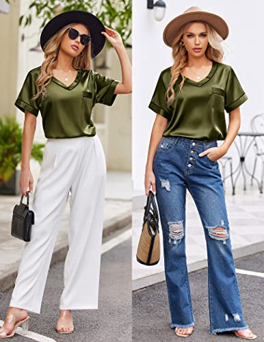 Image of Ekouaer Silk Pajama for Women Short Sleeve Satin Pj Set Two Piece Soft Sleepwear Loungewear S-XXL