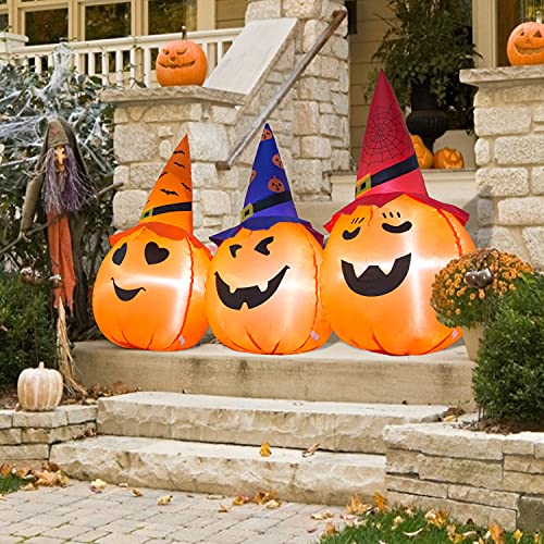 5Ft Halloween Inflatables Pumpkin Three Combo With Witches Hat, Outdoor Holiday Decorations With Build-In Leds, Blow Up Halloween Decor For Holiday/ Indoor Party/ Yard/ Garden Color Orange #TOP1