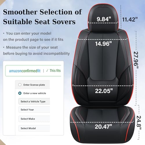 Coverado Seat Covers, Car Seat Covers Front Seats, Car Seat Cover, Car Seat Protector Waterproof, Car Seat Cushion Nappa Leather, BlackRed Seat Covers Carseat Cover Universal Fit for Most Cars