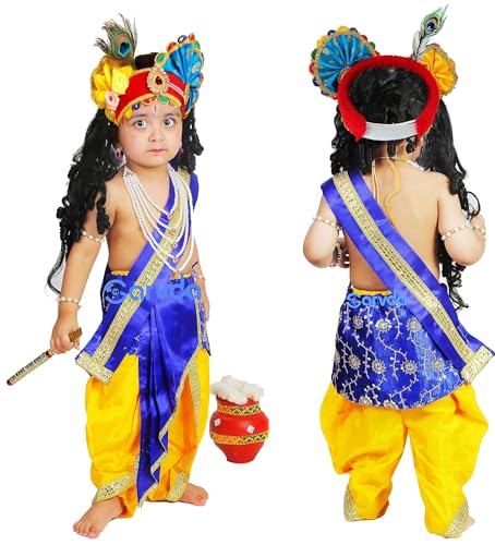 Image of Sarvda Shree Krishna Dress for Baby Boy & Radha Dress for Girls | Janamashtami Dress | Fancy Dress Costume with Accessories Dhoti, Dupatta, Mukut Flute Complete set, Ethnic wear