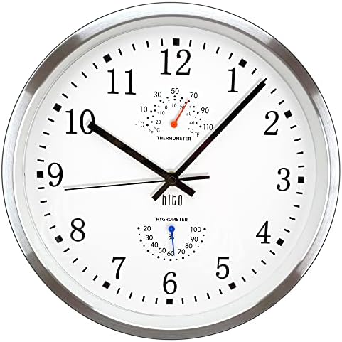 HITO Silent Non Ticking Wall Clock Sweep Movement Silver Aluminum Frame Glass Cover, Decorative for Kitchen, Living Room, Bedroom, Office (12" White)