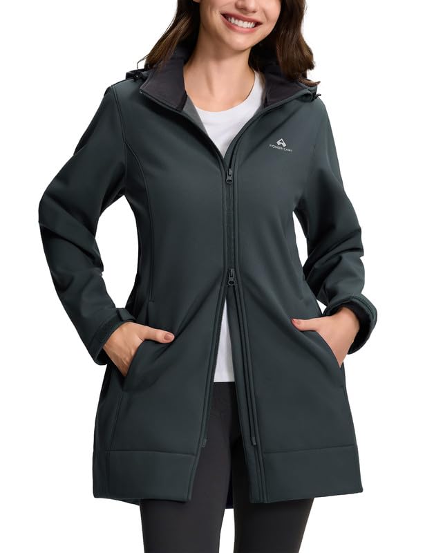 Pioneer Camp Softshelljacke für Damen Lang Fleece Softshellmantel mit Kapuze Wasserdicht & Winddicht Jackes Verstellbare Taille Regenparka mit ReißVerschluss Taschen für Wandern für Wandern Laufen