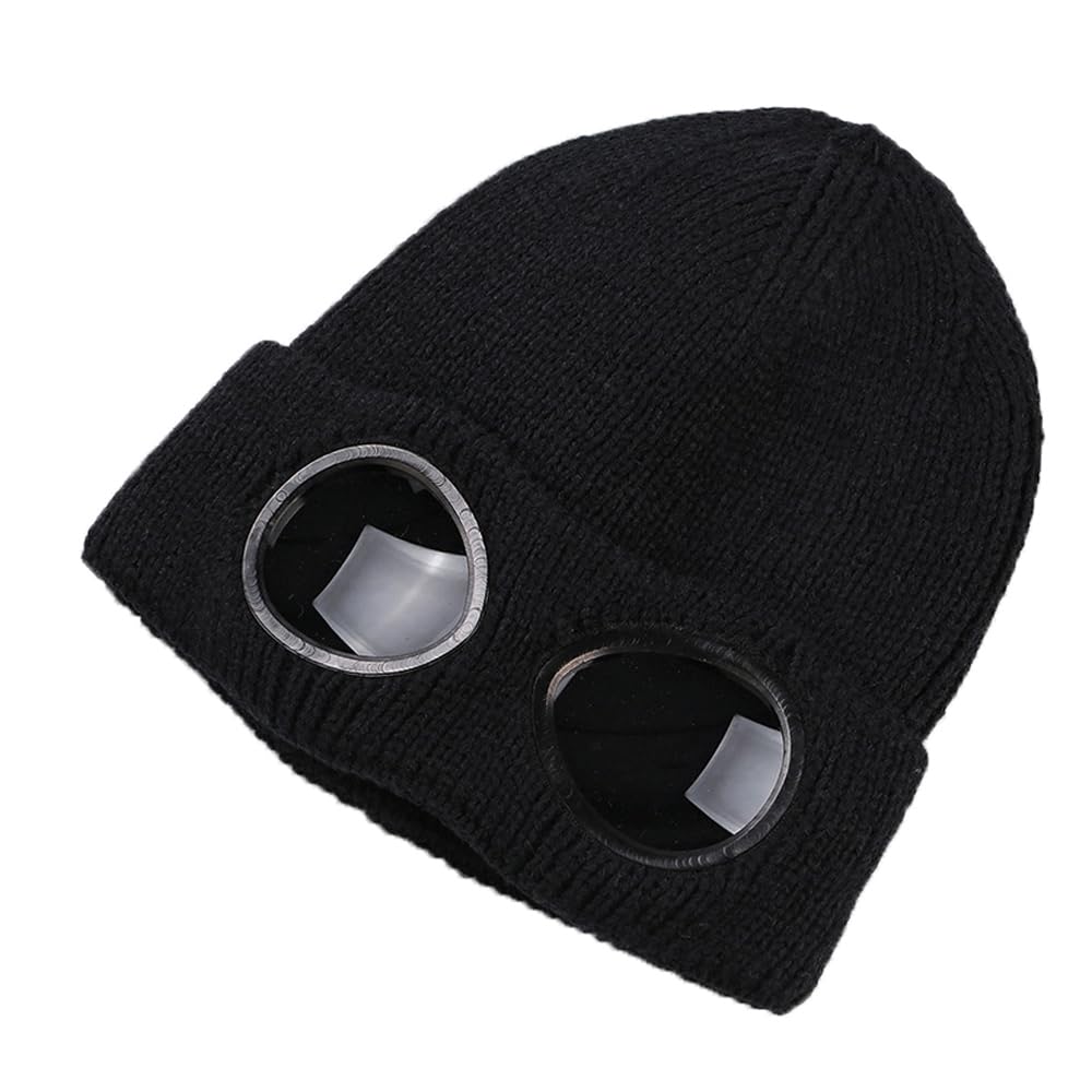 Unisex Wool Knitted Goggles Beanie, Warm Winter Hat Autumn Outdoor Sports Cap Fashion Womens Indoor Leisure Heat Keeper Ear Snow Cold Protector