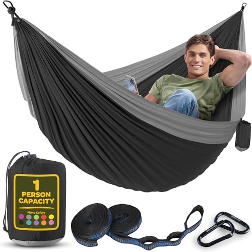 Image of Durable Hammock 400 lb Capacity, Nylon Camping Hammock Chair - Double or Single Sizes w /Tree Straps and Attached Carry Bag - for Travel /Backpacking /Beach /Backyard (Medium, Black & Light Grey)