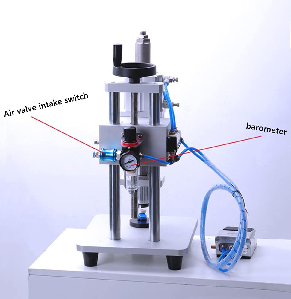 Máquina taponadora para viales de vidrio, neumática semiautomática con altura ajustable e interruptor de pie, ideal para tapas de aluminio y plástico
