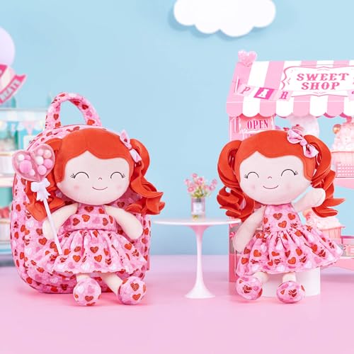 Image of Gloveleya Kids Backpack Toddler Girl Gift Plush Curly Hair Doll Backpack Plush Doll with Heart Printed - Heart Pink 9''