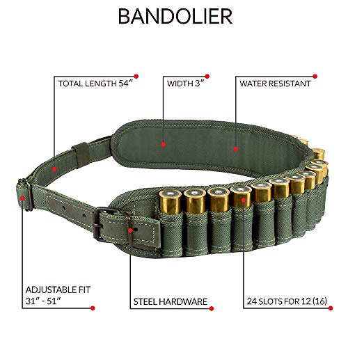BRONZEDOG Waterproof Shotshell Holder Nylon Belt Case Ammo Gauge Adjustable Shotgun Rounds Shoulder Bandolier Hunting Accessories 12 16 Gauge (Plain Green) - Thumbnail 2