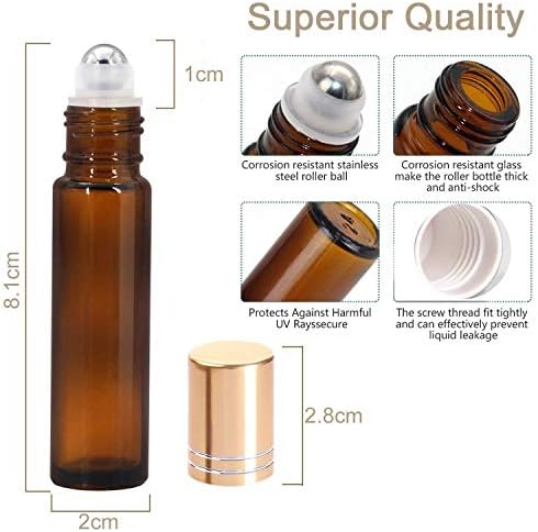 Yalbdopo Essential Oil Roller Bottles - 10 Pcs, 10ml Refillable Amber Glass Roll on Bottles with Gold Lids, 12 Pcs Labels, Dropper & Opener Included - Perfect for Fragrance, Lotion, Aromatherapy