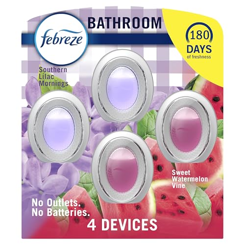 Febreze Bathroom Air Freshener, Odor-Fighting, Plug In Alternative, Air Fresheners for Small Spaces in Home, Bathroom, Kitchen, & Closet, Lilac & Watermelon Scents, 4ct (2 of Each Scent)