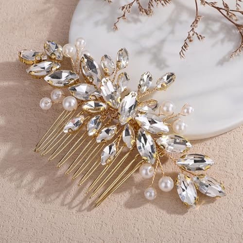 Peine para cabello con cristales y perlas dorado miniatura 1