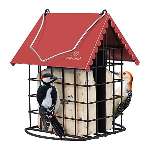 Kingsyard Double Suet Bird Feeder with Weatherproof Roof & Perch, All Metal, Suet Cakes Cage Bird Feeder for Outdoors Hanging, Easy to Clean & Refill, Red