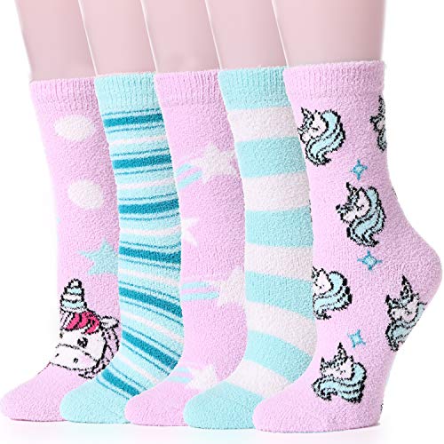 ProEtrade Womens Fuzzy Slipper Fluffy Socks Cozy Cabin Soft Winter Warm Fleece Thick Comfy Christmas Gift Stocking Stuffer Home Plush Socks(Unicorn A（5 Pairs）)