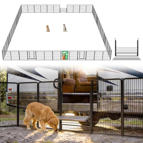 Image of FXW Instant Dog Playpen with RV Step Grid for RV Camping, 40 inch H, 48 Panels | Quick-Setup & Heavy-Duty Play Yard, Helps Close Stair Gaps, Fits 30 inch RV Step Opening, For Medium & Large Dogs, Patented