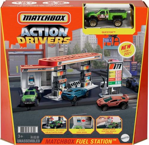 Matchbox GVY84 - Tankstellen Spielset mit 1 Fahrzeug im Maßstab 1:64 und interaktiven Zapfsäulen, mit anderen Sets kombinierbar, Spielzeug für Kinder ab 3 Jahren