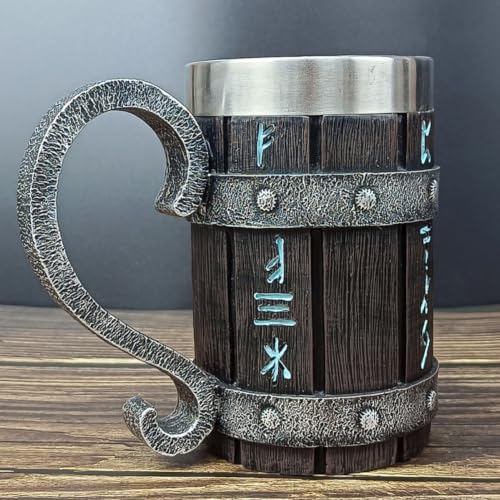 Jarra de cerveza diseño barril vintage taza de madera y acero inoxidable resistente 5