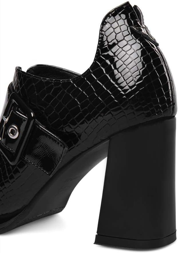 TinaCus Women's Handmade Patent Leather Round Toe Zip Up High Chunky Heel Chic Pumps Shoes with Buckle