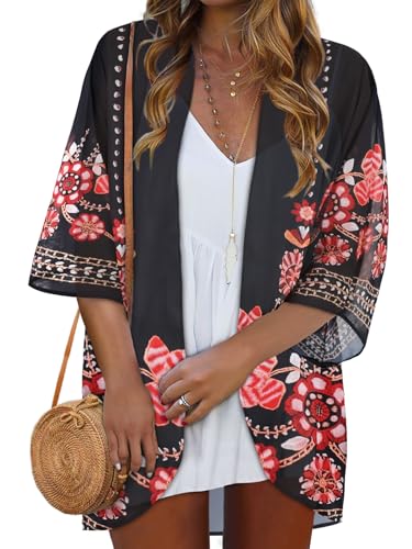 Image of Women Kimono Cardigans Casual Summer Tops Cover up Open Front Floral Print Resort Wear 2026