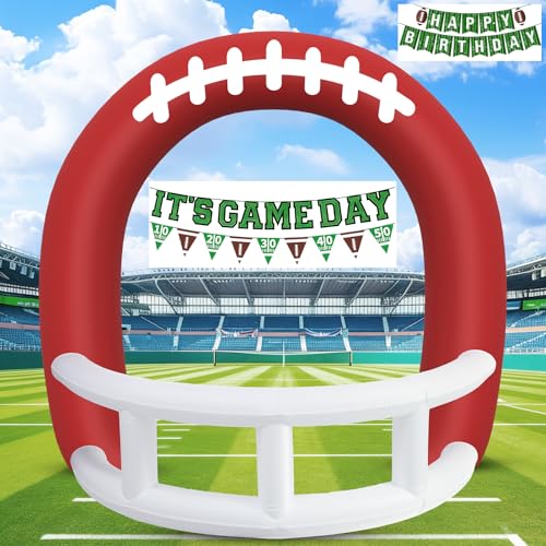 8FT Red Helmet Inflatable Football Balloon Arch with Game Day Banner, Giant Outdoor Blow Up Football Helmet with Built-in 3 LED Lights for Football Themed Birthday Party Lawn Yard Decoration