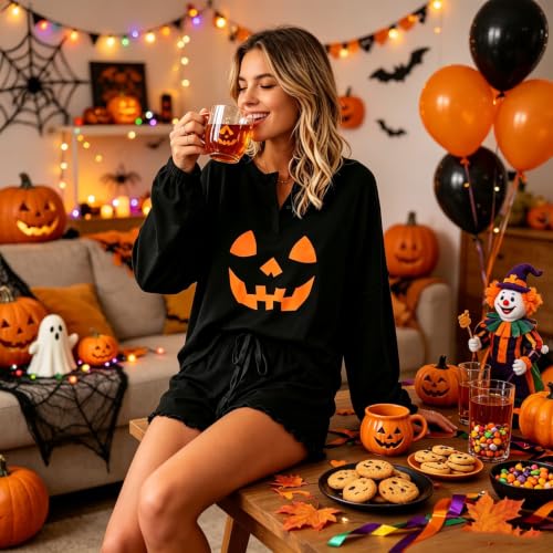 Image of Roshop Halloween Pajama Women's Pumpkin Matching Top & Shorts Loungewear Set