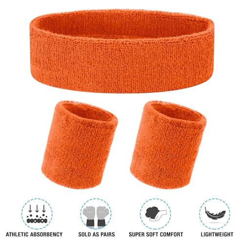 Image of Yolev 3Pieces Sweatband Set, Sports Headband and Wristbands, Set of 1 Headband and 2 Wristbands, for Athletic Men and Women, Black and Neon Green, One Size(Orange)