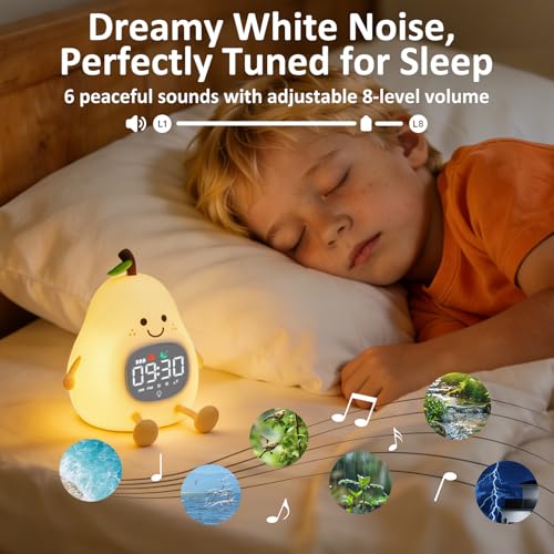 Image of Pear Alarm Clock with Night Light for Kids with Sleep Training Light and White Noise, Rechargeable Silicone Lamp OK to Wake Clock,Cute Tabletop Clock, Perfect Sleep Companion for Boys Girls