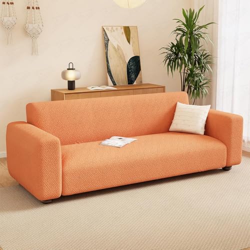 Image of Lukzer 3 Seater Pastel Orange Grid Maze Pattern Sofa Cover | 240 GSM Universal Stretch Fit Jacquard Fabric Couch Protector | Fully Covered Anti Slip & Washable Sofa Cover (180-230cm /SC-106-03)