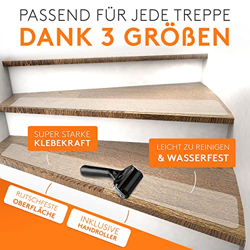 FALKENWERK Antirutschstreifen für Treppen [20 Stück] - Selbstklebende & Transparente Anti Rutsch Streifen [10x60 cm] - Wasserfeste Antirutsch Treppe - Treppen Rutschschutz mit Spachtelroller