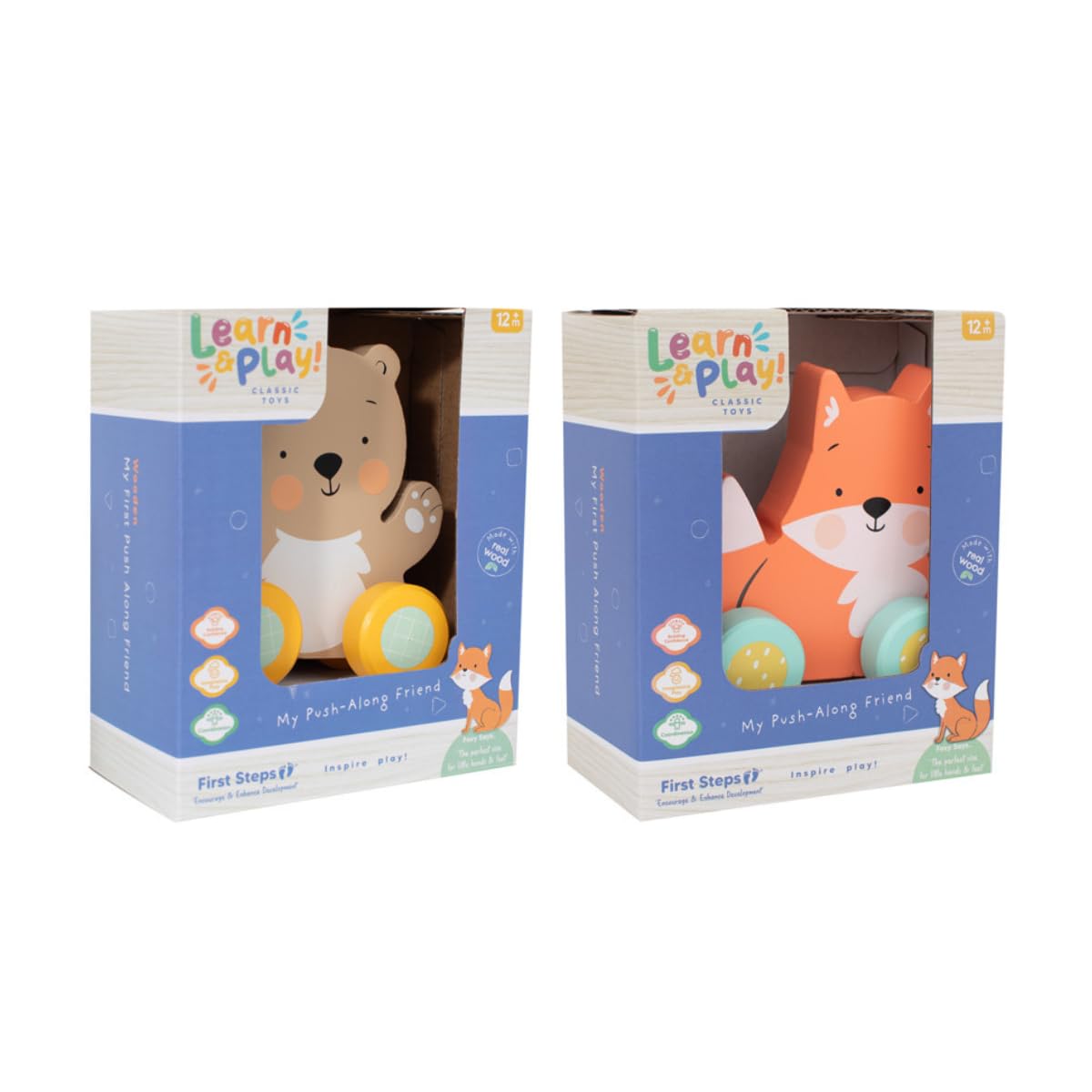 YöL Pack of 2 Fox & Bear Design Wooden Animal Push Along Toy for Toddlers – Educational Fine Motor Skills, Hand Eye Coordination and Imaginative Play – Durable and Safe for Ages 12 Months+