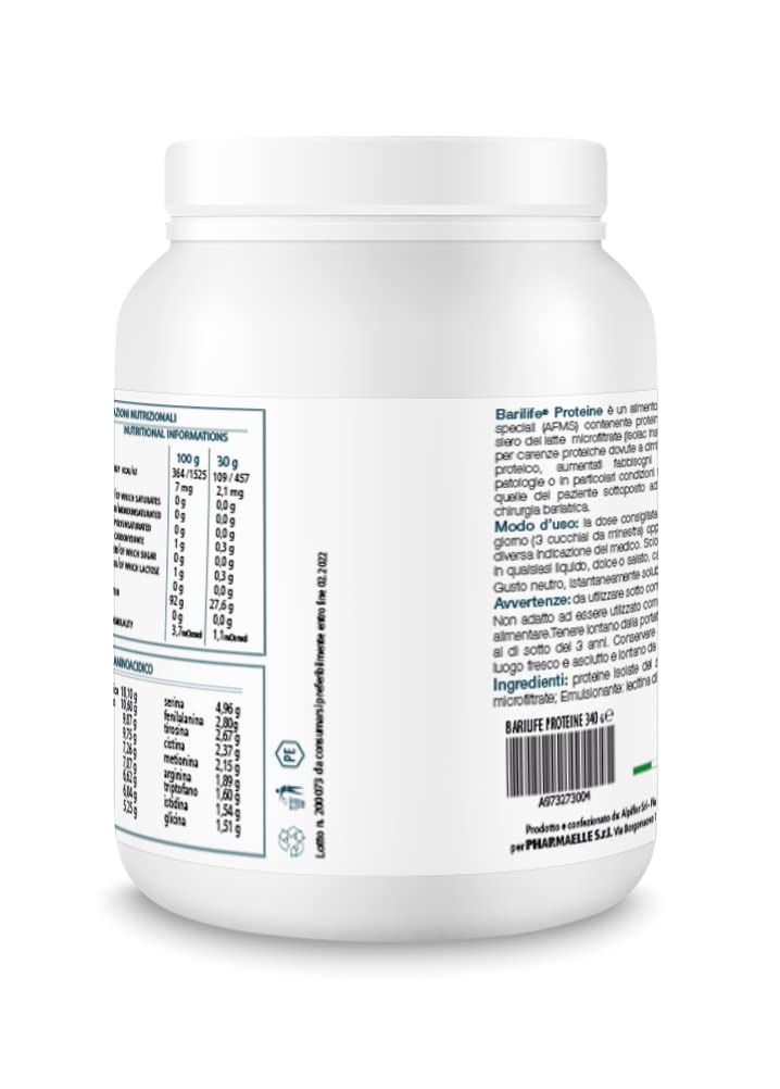 Barilife - Proteine del Siero del Latte Microfiltrate 450g - Per Chi Ha Subito Interventi Chirurgici - Polvere Istantaneamente Solubile - Gusto Neutro