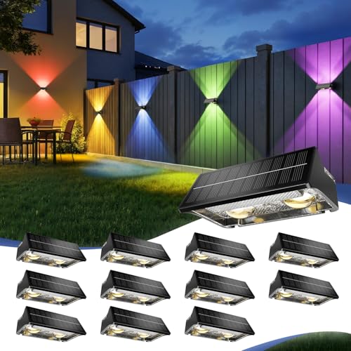 JOFIOS Solar Fence Lights Outdoor,12Pack,Warm White+RGB 9 Colors,1200mAh,Up and Down Fence Lights Solar Powered Waterproof,Solar Wall Lights for Fence,Backyard,Porch（Black）