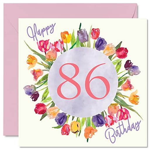 Hermosas tarjetas de 86 cumpleaños para mujer, ramo de flores de tulipanes de acuarela, tarjeta de feliz cumpleaños para ella, abuela, niñera, 145 mmx145 mm, bonitas tarjetas de felicitación florales