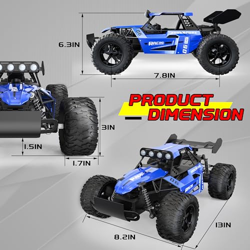 1:12 Scale RC Car for Boys Ages 3+, Fast Remote Control Monster Truck 2WD 25km/h Off-Road Toy, Alloy Shell, LED Lights, Great Gift for Kids & Beginners, 30 Minutes Play Time