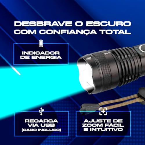 Lanterna Tática T9 Led Recarregável P50 USB Super Potente Zoom Longo Alcance para Trilhas Pesca Vigi