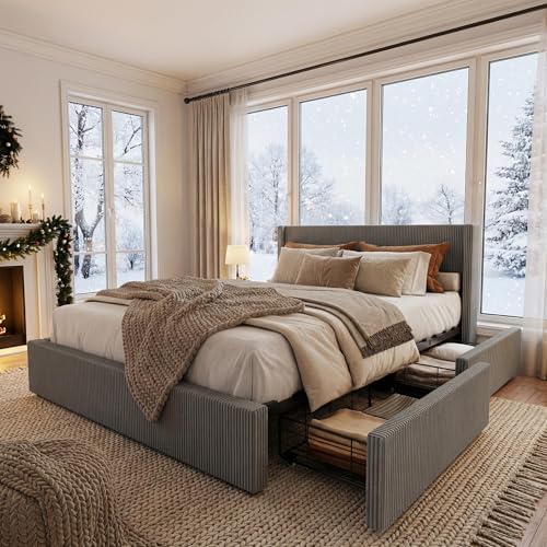 GAOMON Queen Bed Frame with Storage and Wingback