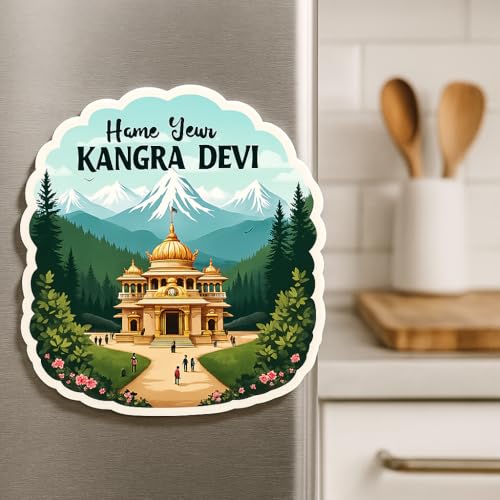 Image of Naxon Kangra Devi Temple Souvenir Wooden Fridge Magnet | Shri Bajreshwari MATA Mandir 3x3 Inch Refrigerator Magnet | Printed Wooden Travel Souvenir for Home & Kitchen Decor | Pack of 1