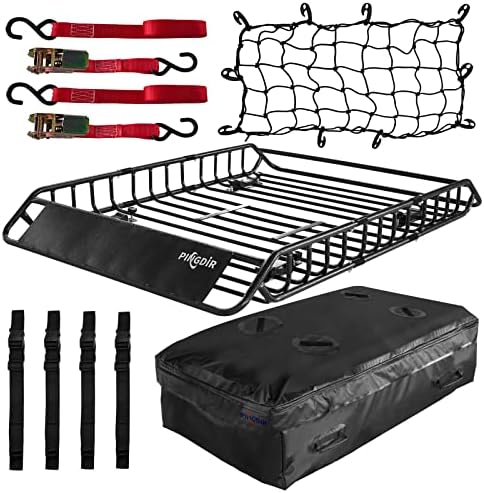 PINGDIR Rooftop Cargo Carrier Basket Universal Roof Rack Cargo Carrier, Basket 55" X 39" X 6", Waterproof Cargo Bag 44 * 35 * 16", Cargo Net with Attachment Hooks, 2 pcs Ratchet Strap