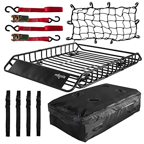 Pingdir Rooftop Cargo Carrier Basket Universal Roof Rack Cargo Carrier, Basket 55" X 39" X 6", Waterproof Cargo Bag 44 * 35 * 16", Cargo Net With Attachment Hooks, 2 Pcs Ratchet Strap #TOP26