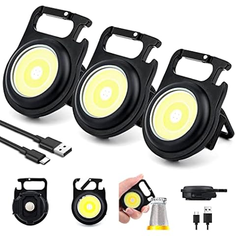3PCS Led Mini Flashlight 500 High Lumens Rechargeable Cob Keychain Flashlights 5 Light Modes Portable Pocket Flashligh Led Small Flashligh with Folding Bracket Magnet and Bottle Opener Cover
